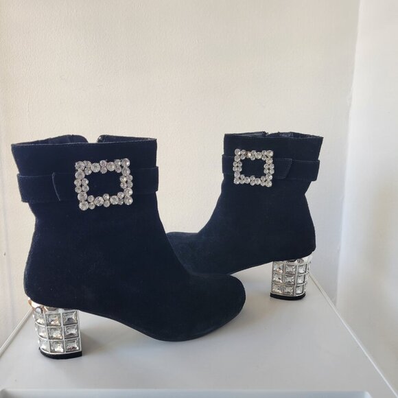 Joan Boyce Black Suede Ankle Boots 6M – Rhinestone Heel & Buckle Glam / Size:6M - Picture 7 of 11